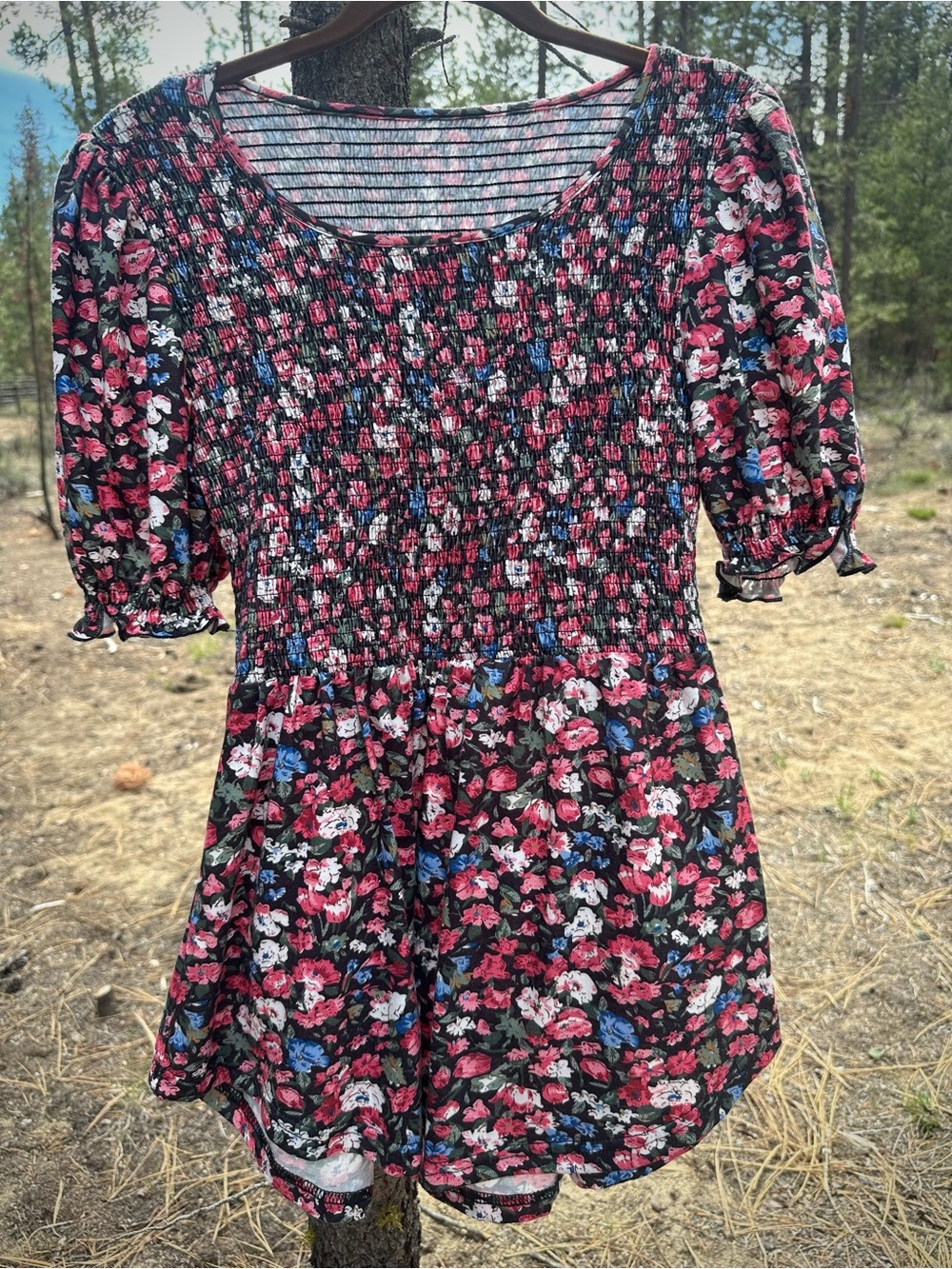 Akewei Ditsy Floral Smocked Short Puff Sleeve Scoop Neck Knit Peplum Top Size M